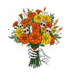 Colorful bouquet of marigold flowers, decorated with Day of the Dead skulls and papel picado, festive and symbolic.