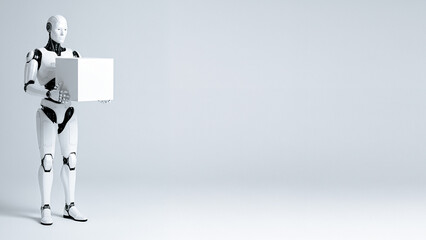 Robot holding a white box standing in a white studio environment, representing futuristic delivery logistics, artificial intelligence automation, and modern technology solutions.