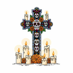 Colorful bouquet of marigold flowers, decorated with Day of the Dead skulls and papel picado, festive and symbolic.
