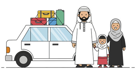Muslim Family Ready for a Road Trip with Luggage on Car Roof.