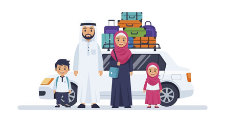 Muslim Family with Luggage Ready for Travel.