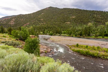 Obraz premium Mountain and river landscape in wilderness. Location Yellowstone National Park in Wyoming