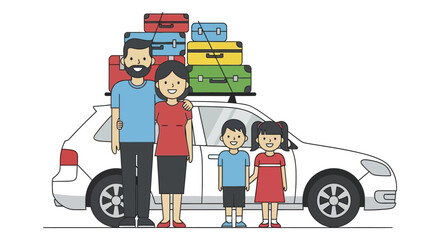 Family Ready for Road Trip with Luggage on Car Roof Smiling Together.
