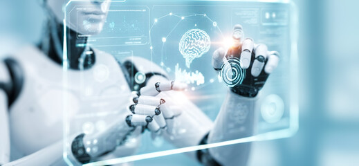 Robot interacting with a digital interface futuristic technology artificial intelligence concept, showcasing advanced innovation, cyber communication, and modern digital systems.