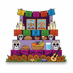 Colorful bouquet of marigold flowers, decorated with Day of the Dead skulls and papel picado, festive and symbolic.