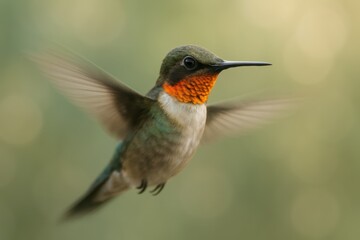 Tiny hummingbird hovers mid flight among soft forest greens body iridescence and rapid wings captured with painterly precision evoking wonder calm and delicate wild beauty