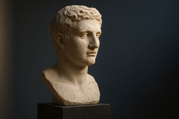 Timeless marble bust of Plato lit with dramatic chiaroscuro celebrating classical wisdom delicate chisel marks and the contemplative presence of the ancient Greek philosopher in a quiet museum alcove