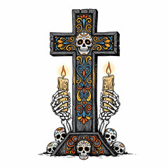 A richly decorated cross with skull motifs, flanked by skeletal hands holding lit candles, surrounded by smaller sugar skulls, evoking Day of the Dead imagery.
