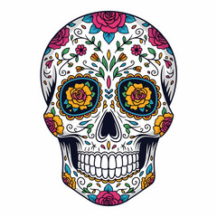 A vibrant sugar skull decorated with colorful flowers and intricate patterns, symbolizing a festive Dia de los Muertos celebration.
