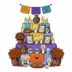 Colorful illustration of a Day of the Dead altar, adorned with candles, flowers, and portraits.