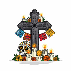 A vibrant illustration of a Day of the Dead altar with a decorated skull, candles, and cross.
