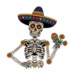 A colorful illustration of a decorated skeleton wearing a sombrero, holding maracas and flowers.