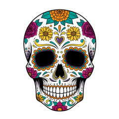 Colorful sugar skull illustration with floral decorations, heart, and intricate details, isolated on a white background, celebrating Day of the Dead.