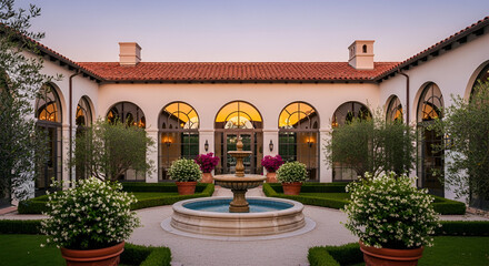 Elegant courtyard with a central fountain, surrounded by arched openings and lush greenery, creating a serene and inviting atmosphere.