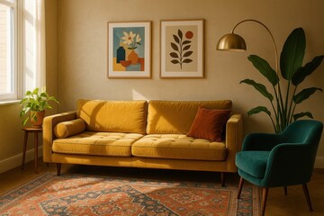 Warm caramel and terracotta retro living room with low slung sofa sculptural lamp and mid century wood tones inviting autumnal palette styled for cozy interiors lovers