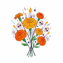 Colorful bouquet of marigold flowers, decorated with Day of the Dead skulls and papel picado, festive and symbolic.