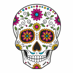 Colorful bouquet of marigold flowers, decorated with Day of the Dead skulls and papel picado, festive and symbolic.