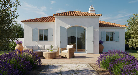 Fototapeta premium A charming, sunlit, single-story house with terracotta roof and outdoor seating.