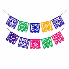 Colorful bouquet of marigold flowers, decorated with Day of the Dead skulls and papel picado, festive and symbolic.
