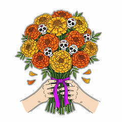 Colorful bouquet of marigold flowers, decorated with Day of the Dead skulls and papel picado, festive and symbolic.