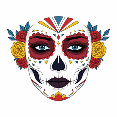 A stylized Calavera Catrina face, adorned with vibrant geometric patterns and yellow roses.