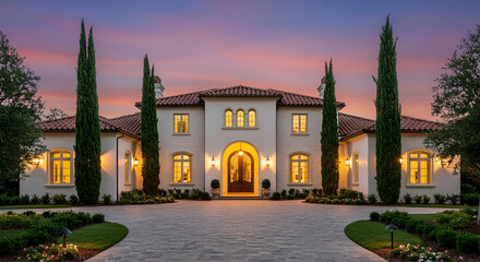 Grand Mediterranean-style mansion illuminated at dusk, showcasing its elegant architecture and landscaping.