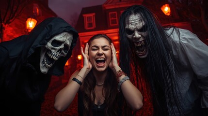 Scared Woman Surrounded by Halloween Monsters at Haunted Attraction