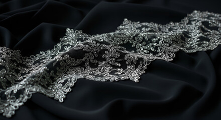 Intricate silver lace embellishment adorning luxurious black silk catching soft light and revealing