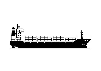 Side view silhouette of a large cargo container ship for maritime transportation. Black and white vector illustration of a freight vehicle