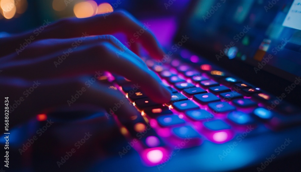 Aufkleber close-up view of hands actively typing on a laptop keyboard with colorful backlighting in a dark set