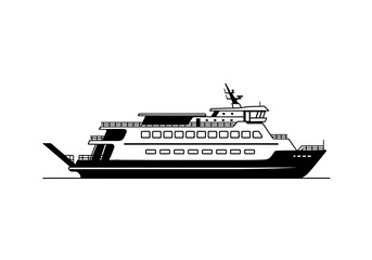 A simple black and white vector illustration of a passenger ferry ship, a large marine vehicle for ocean travel and public transportation