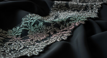 Elegant floral lace shimmering with metallic thread on a draped dark fabric a study in texture and