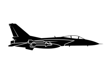 Side profile silhouette of a modern military fighter jet with missiles. Tactical combat aircraft vehicle vector icon isolated on a white background