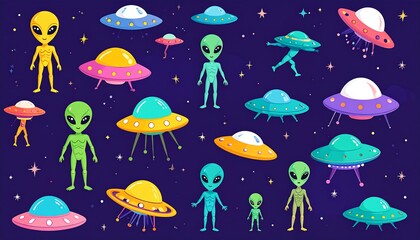 Colorful alien and UFO illustration