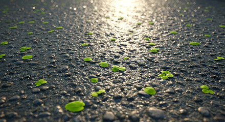 Tiny sprouts emerge on the pavement bringing fresh green life to the urban landscape with shallow