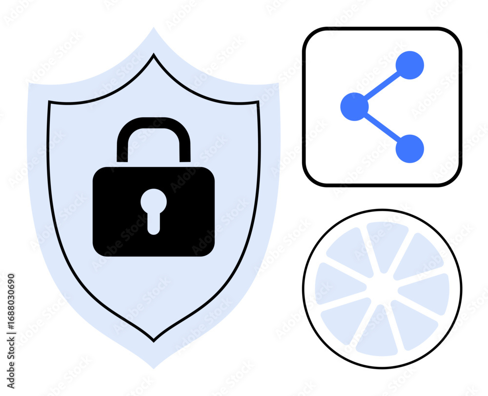 Poster lock icon on shield representing cybersecurity. sharing node and network wheel emphasize connection,