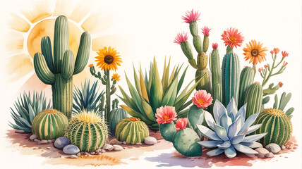 A watercolor illustration of a desert cactus garden scene with various succulents and flowers. In the center, there are tall green saguaro cacti with multiple arms.