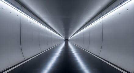 Futuristic white corridor with bright lights, sleek design, and reflective floor.