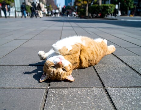 Ginger cat sprawled on city sidewalk (1) - Powered by Adobe
