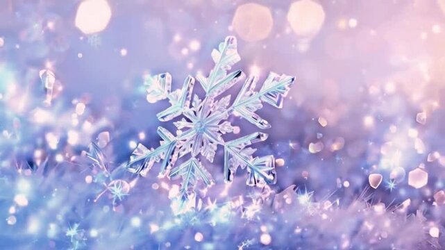 Sparkling snowflake winter background. Detailed dancing ice crystals at Christmas in pastel glowing colors. Snowy landscape closeup..