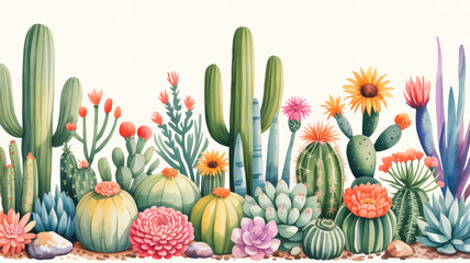 A watercolor illustration of a desert cactus garden scene with various succulents and flowers. In the center, there are tall green saguaro cacti with multiple arms.