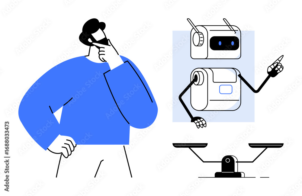 Poster man thinking while engaging with a robotic assistant gesturing toward a balance scale. ideal for tec