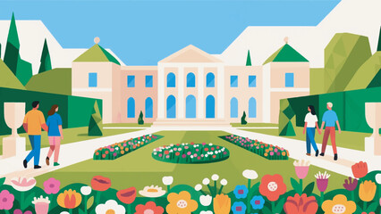 Illustration of Colorful Flowers Blooming in a Palace Garden Vector Design Template
