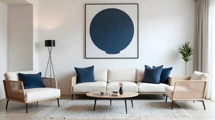 Stylish modern living room featuring comfortable sofa, accent chairs, and minimalist decor for serene ambiance