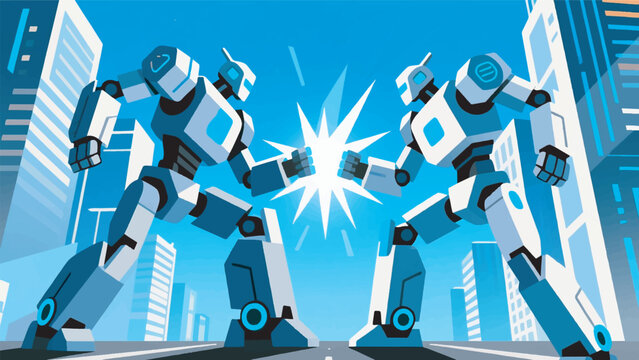 Illustration of Giant Robots Fighting in City Vector Design Template