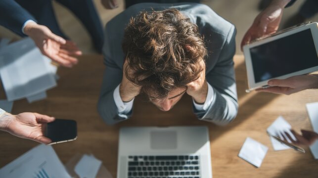 Top down View of a Stressed Office Worker Clutching Their Head at a Busy Desk Surrounded by Laptop Tablet Phone and Papers