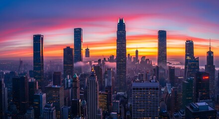 Fototapeta premium Stunning City Skyline at Sunset with Vibrant Colorful Sky