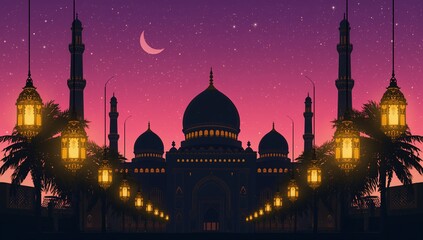 Enchanting Arabian nights scene with majestic mosque silhouette under a vibrant starry sky and crescent moon, perfect for Ramadan celebrations and cultural events