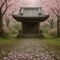 Obraz premium Historic Kyoto temple framed by cascading cherry blossoms and mossy stone lanterns at peak spring bloom gentle morning light and tranquil garden ambiance