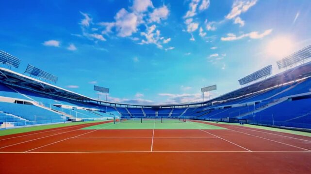 Tennis Stadium under Bright Sky - An empty tennis stadium under a bright blue sky, ready for a sporting event..